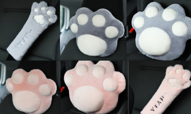 Cute Cat Paw Car Accessories – Plush Seat Belt & Headrest
